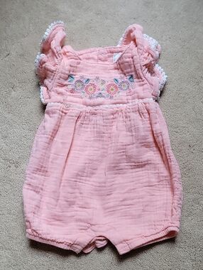Pink Organic Cotton Embroidered Baby Romper - 3m